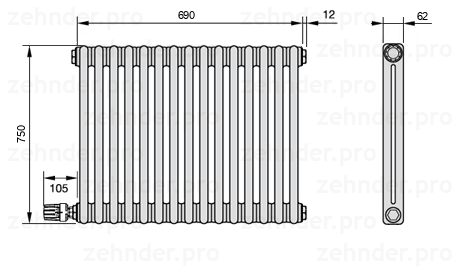 Схема (чертеж) Радиатор Zehnder Charleston 2075/15 №V003 Белый глянцевый RAL 9016